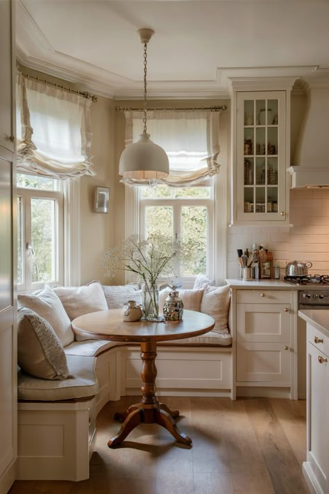 Small breakfast nook with a round table, bench seating, and light curtains Bench In Breakfast Nook, Long Breakfast Nook Bench, Bench With Small Table, Cozy House Kitchen Ideas, Keeping Room In Kitchen, Built In Bench With Round Table, Kitchen With Sofa Ideas, Bay Window Table Breakfast Nooks, Entryway Into Kitchen Ideas