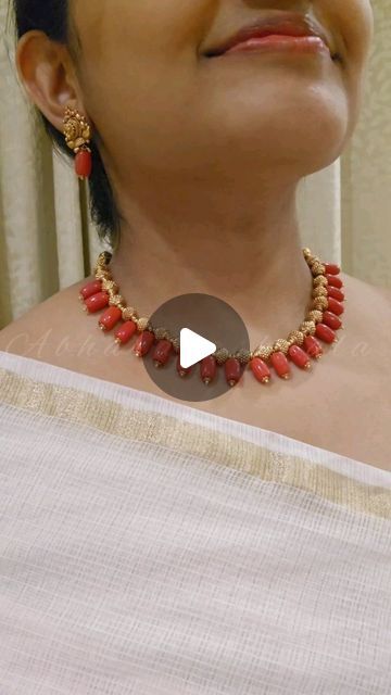 Abharanashaala on Instagram: "RESTOCK in 2 weeks: Premium rajwadi antique finish Coral beads necklace earring set @abharanashaala  Watch full for detailed view  Price: 1990/- Free shipping in India With back thread attached. If back chain needed instead of thread, 50/- Cover photo of reel for size reference on neck. Limited pics only. (Sold as set only, not separately)  Pre bookings are also taken, expected time for next batch to get ready is 15-20 working days time. (Kindly note that there will be slight size and color difference in corals in different batch as per the bead availability, please keep that in mind while booking) Small dents or uneven surfaces on the beads are not damaged, all beads come the same.  Sold as Mala with stud as a set only, not separately. Synthetic corals only. Coral Necklace Designs, Coral Beads Jewellery, Coral Jewelry Necklace, Phone Pe, Coral Jewelry Set, Kerala Bride, Back Chain, Coral Beads Necklace, Coral Design