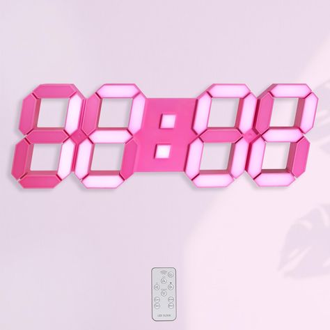 PRICES MAY VARY. [15" Big Pink LED Clock] This adorable big pink wall clock with pink LED lights can make a wonderful gift for pink bedroom decor aesthetic. The led pink wall clock can function as both a desktop clock for bedrooms with its base bracket and a wall clock hung in bedroom, gaming room, living room, kitchen, gym, classroom, office, meeting room, and more. It serves as a super cute and cool unique decorative clock for wall and a bedside alarm clock. Size: 15.0x5.1x0.9 inches (Weight: Girly Pink And Gold Bedroom, Alarm Clock Fun, Neon Pink Lights Bedroom, Teen Room Wall Clocks, Living Coral Alarm Clock, Pastel Purple Alarm Clock, Pastel Wall Clock, Preppy Wall Clock, Cute Stuff For Desks