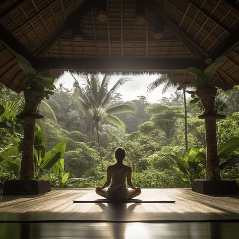 Bali Jungle Resort, Life Experiences Aesthetic, Bali Wellness Retreat, Bali Lifestyle Aesthetic, Yoga Shala Outdoor, Working In Bali, Bali Spa Aesthetic, Yoga In The Woods, Bali Mood Board