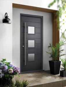 Wickes Malmo External Hardwood Veneer Glazed Door Grey 1981 x 838mm | (Front door and utility room entrance) Grey Front Door, External Front Doors, Grey Front Doors, Door Frame Molding, Grey Hardwood, Composite Front Door, Front Door Styles, Modern Exterior Doors, Contemporary Front Doors