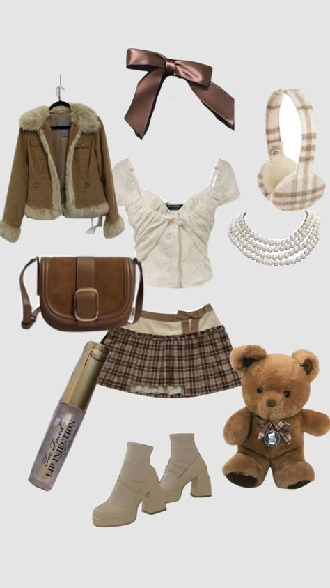 Cute Coquette Fall Outfits, Coquette Thanksgiving Outfits, Thanksgiving Outfit Coquette, Feminine Layered Outfits, Brown Outfit Layout, Brown Cow Print Outfit, Ugg Coquette Outfit, Beige Coquette Outfits, Kawaii Brown Outfit