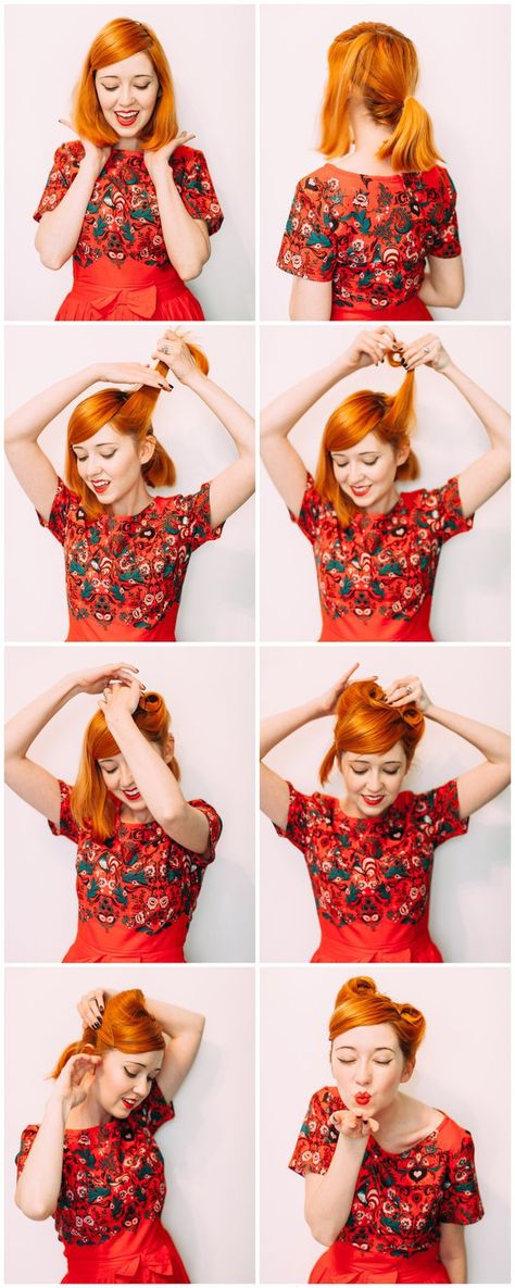 un tuto coiffure rockabilly facile et rapide étape par étape, comment réaliser des coques rétro dites victory rolls Updo Hacks, Victory Roll Hair, Cabelo Pin Up, Vintage Hairstyles For Long Hair, Vintage Hairstyles Tutorial, Up Hairdos, Pinup Hair, Rolls Easy, Victory Rolls