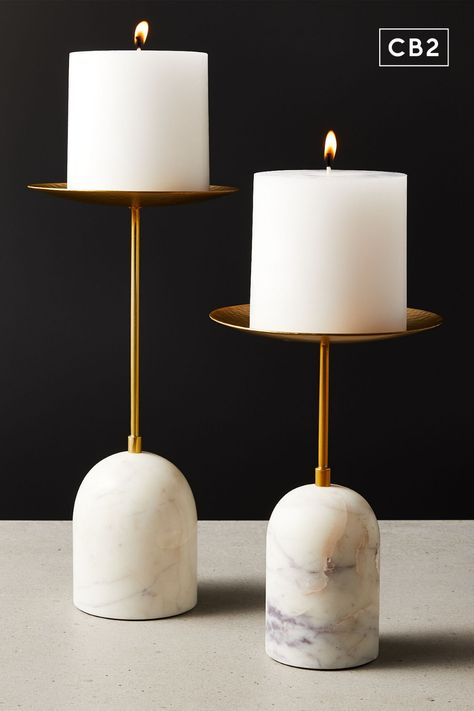 Smooth white carrara marble rounds out the base of this hand-hammered brass pillar candle stand. Cb2 Candle Holder, Pillar Candle Stand, Wood Pillar Candle Holders, Marble Candle Holder, White Pillar Candles, Candle Stands, Unique Candle Holders, Road House, Modern Candle Holders