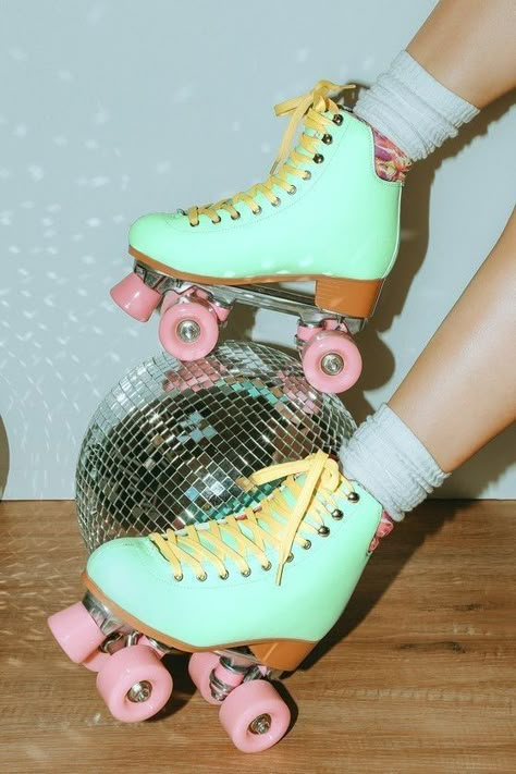 Pink Trucks, Quad Roller Skates, Roller Rink, Roller Disco, Roller Skate, Roller Skates, Roller Skating, Disco Ball, Bright Yellow