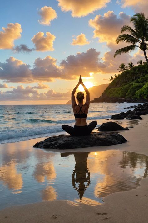 🌺 Blissful Yoga Escapes: Unwind in Hawaii&#8217;s Tranquil Retreats 🏝 Yoga And Nature, Yoga At The Beach, Toned Woman Aesthetic, Vision Board Images Inspiration, Vision Board Yoga, Yoga Vision Board, Desert Mermaid, Activewear Branding, Yoga Aesthetic Inspiration