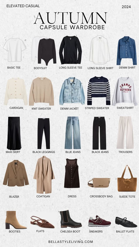 25 Classic Fall Capsule Wardrobe Essentials to Wear Now Fall Clothing Essentials List, Simple Fall Capsule Wardrobe, Easy Fall Capsule Wardrobe, Fall Outfits Women Professional, Fall Classic Capsule Wardrobe, Preppy Capsule Wardrobe Fall, Classy Fall Capsule Wardrobe, Fall Style Classic, Autumn Work Capsule Wardrobe