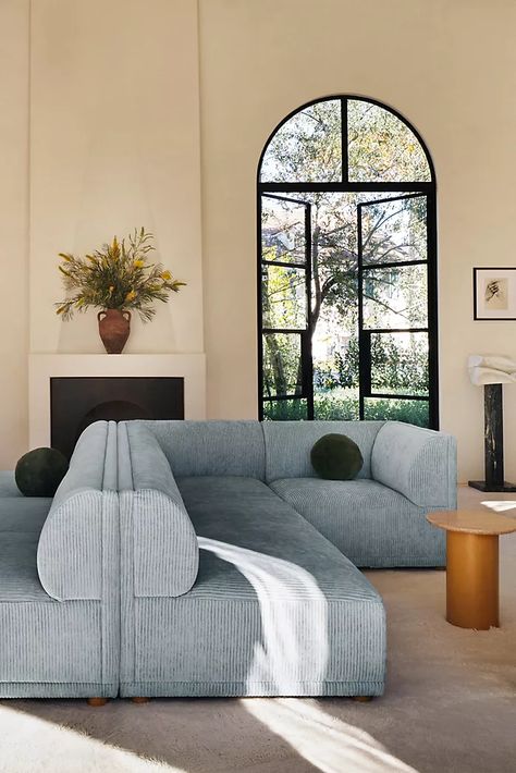 Blue Couch, Inspire Me Home Decor, Armless Sofa, Corner Chair, Living Room Inspo, Humble Abode, Interior Inspo, Large Windows, 인테리어 디자인