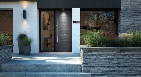 Black Front Door Ideas & Inspiration - Vibrant Doors Blog Hillside Driveway, Grey Front Door, Grey Front Doors, Unique Front Doors, Door Frame Molding, Trendy Door, Apartment Exterior, Driveway Ideas, Modern Entrance