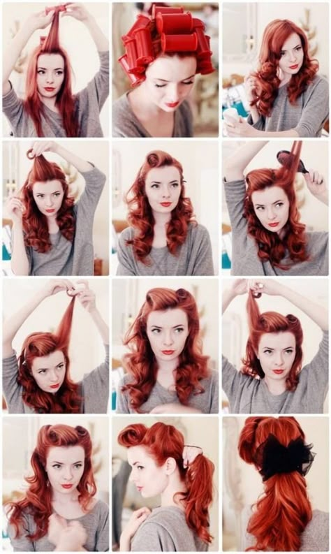 comment se faire une coiffure pin up avec dse victory rolls Retro Ponytail, Cabelo Pin Up, Pinup Hair Tutorial, Retro Hairstyles Tutorial, Rockabilly Mode, 40s Hairstyles, Vintage Hairstyles Tutorial, Ponytail Tutorial, 1940s Hairstyles