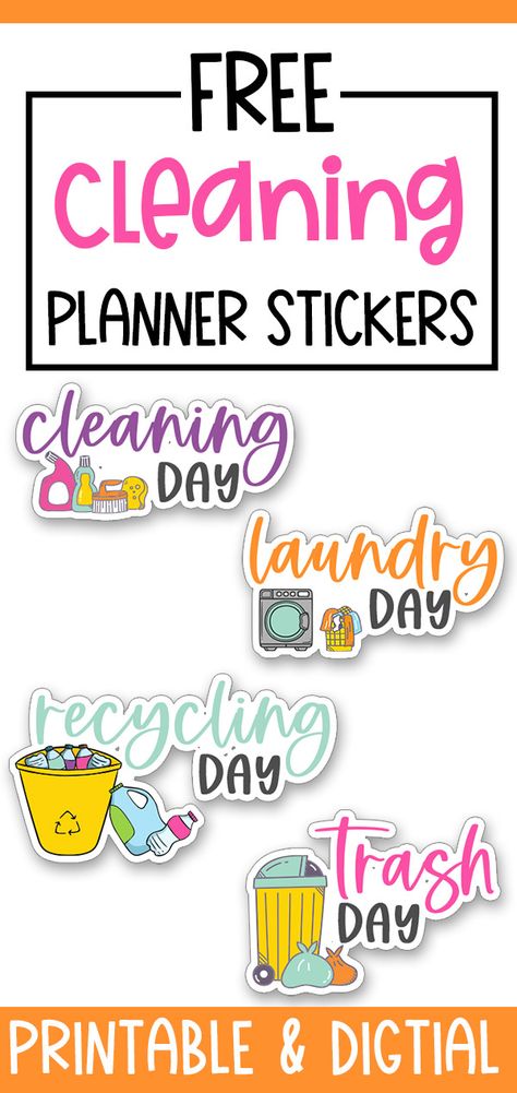 Get these fun and bright, free cleaning planner stickers and MORE for free today. You can use them with both printed planners like the Happy Planner or in a digital planner. Planner Stickers Cricut Free, Cleaning Stickers Planner, Cleaning Digital Stickers, Digital Stickers For Planner, Free Digital Life Planner, Planner Svg Files Free, Digital Planner Sticker Ideas, Printable Sticker Sheets Free Planner, Sticker Planner Ideas