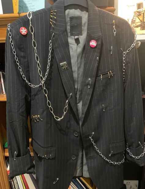 Custom 70s punk styled blazer Fancy Punk Outfits Men, Punk Prom Outfit Men, Punk Suit Jacket, Punk Prom Suit, Punk Outfits 70s, Punk Formal Outfit Men, Punk Blazer Diy, Punk Suit Men, Punk Blazer Outfit