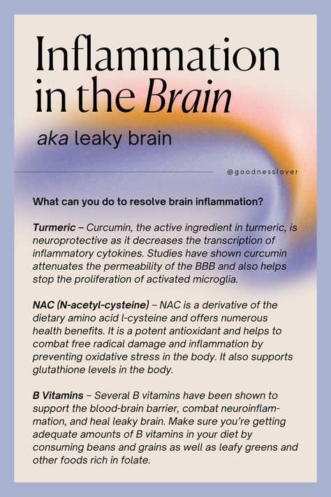 Do you ever experience brain fog where you can’t think clearly and you just can’t put two and two together? You may have leaky brain. Like leaky gut, leaky brain is where gut-induced inflammation causes the blood-brain barrier to become “leaky,” allowing infectious agents and pathogens to enter the brain. This induces an immune response which causes brain inflammation and leads to brain fog, memory problems and cognitive decline associated with many neuro-degenerative diseases. Supplements For Brain Fog, Brain Fog Remedies, Brain Fog Causes, Holistic Womens Health, Brain Inflammation, Health Reset, Inflammation Recipes, Cognitive Decline, Spinal Fluid