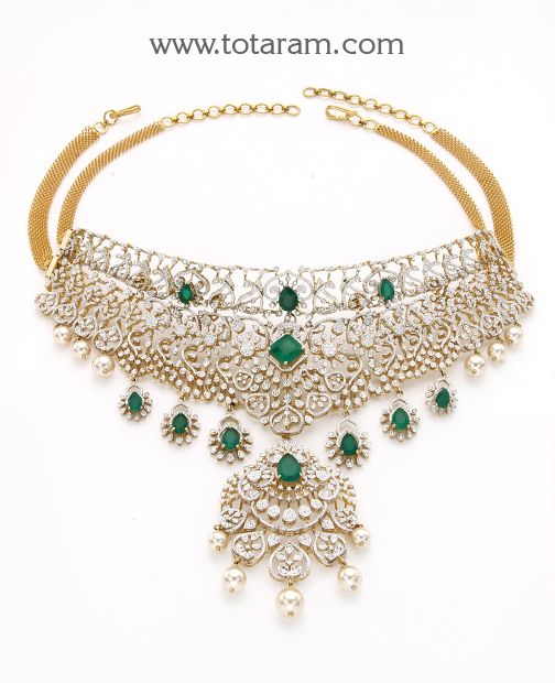 18 karat gold "detachable / 5 in 1" diamond choker necklace with color stones & culture pearls 
  this product has inter changeable stones in the necklace and pendant.
  this product has a detachable pendant which can be used as a separate pendant with most chains.
  

enhance your beauty with 18 karat gold "5 in 1" diamond choker necklace    indulge in luxury with our exquisite 18 karat gold "5 in 1" diamond choker necklace, handcrafted in india by totaram jewelers. this stunning piec Luxury Temple Jewelry Choker For Party, Luxury Exquisite Necklace With Detachable Pendant, Luxury Temple Necklace With Tilla For Navratri, Detachable Pendant, Diamond Choker Necklace, Diamond Choker, Enhance Your Beauty, Color Stones, Gold Jewelry Indian