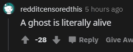 reddit comment, with 28 downvotes, reading “A ghost is literally alive”