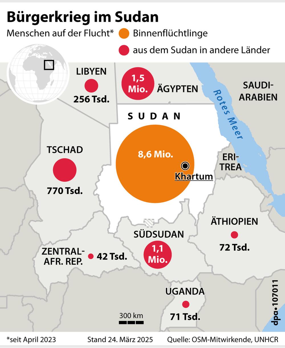 Grafik-Karte: Sudan und Nachbarländer mit Zahl der Flüchtlinge