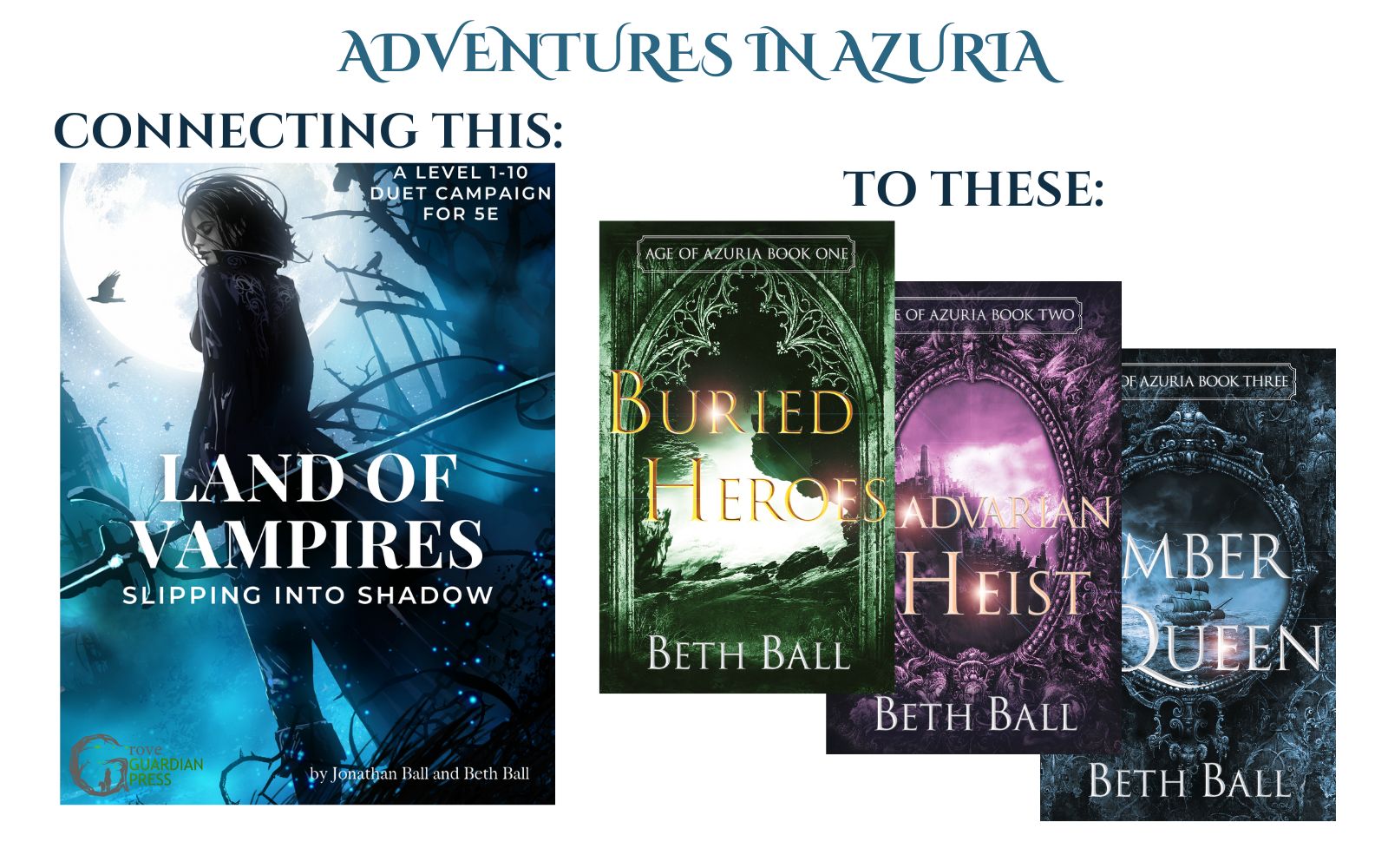 picture of land of vampires cover with three epic fantasy novels: Buried Heroes, Hadvarian Heist, Amber Queen