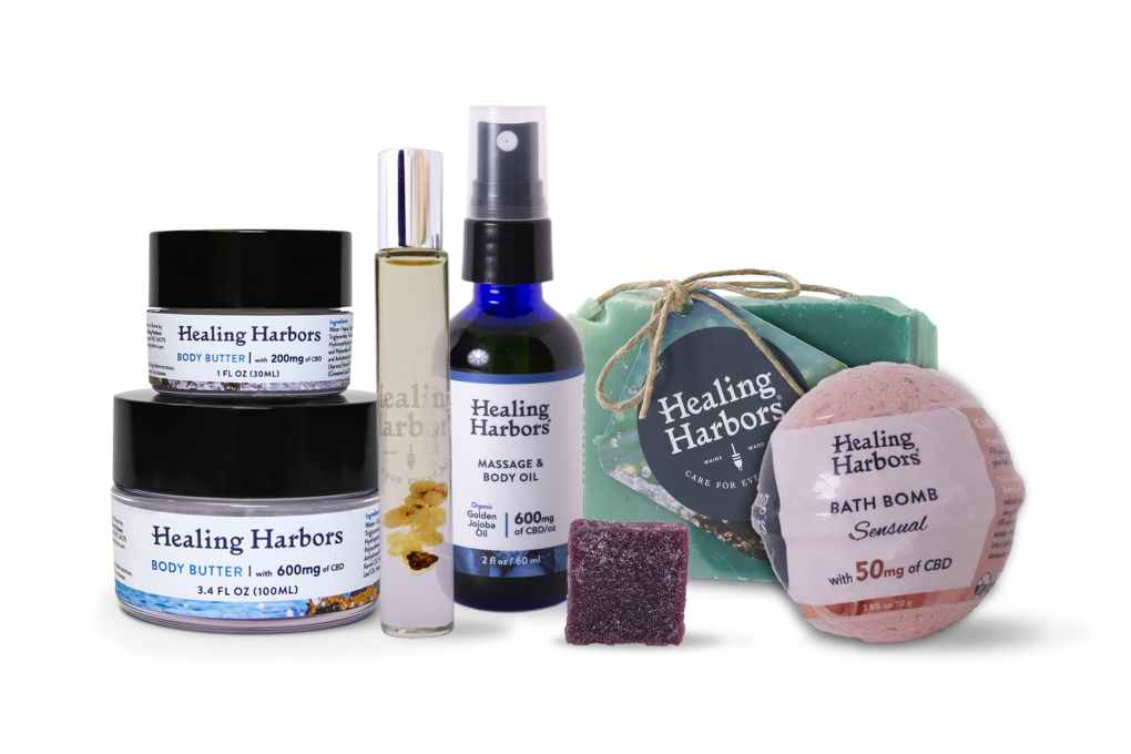 body butter massage oil essential oil rollers soap CBD jellies and bath bomb