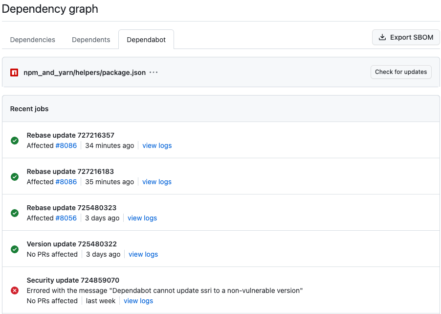 Screenshot of a list of details about recent Dependabot jobs for a repository