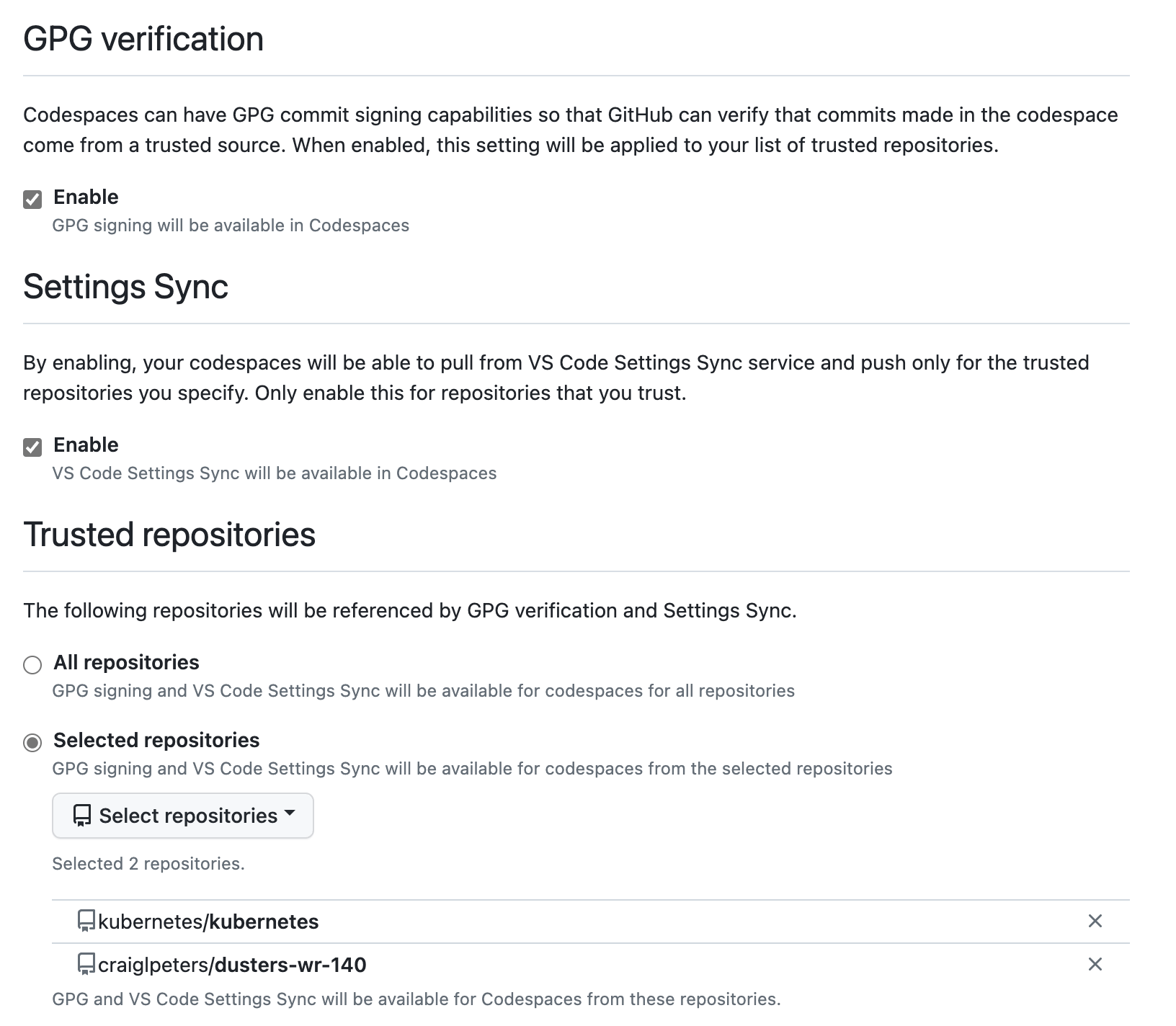 Codespaces Settings for GPG verification and Settings Sync