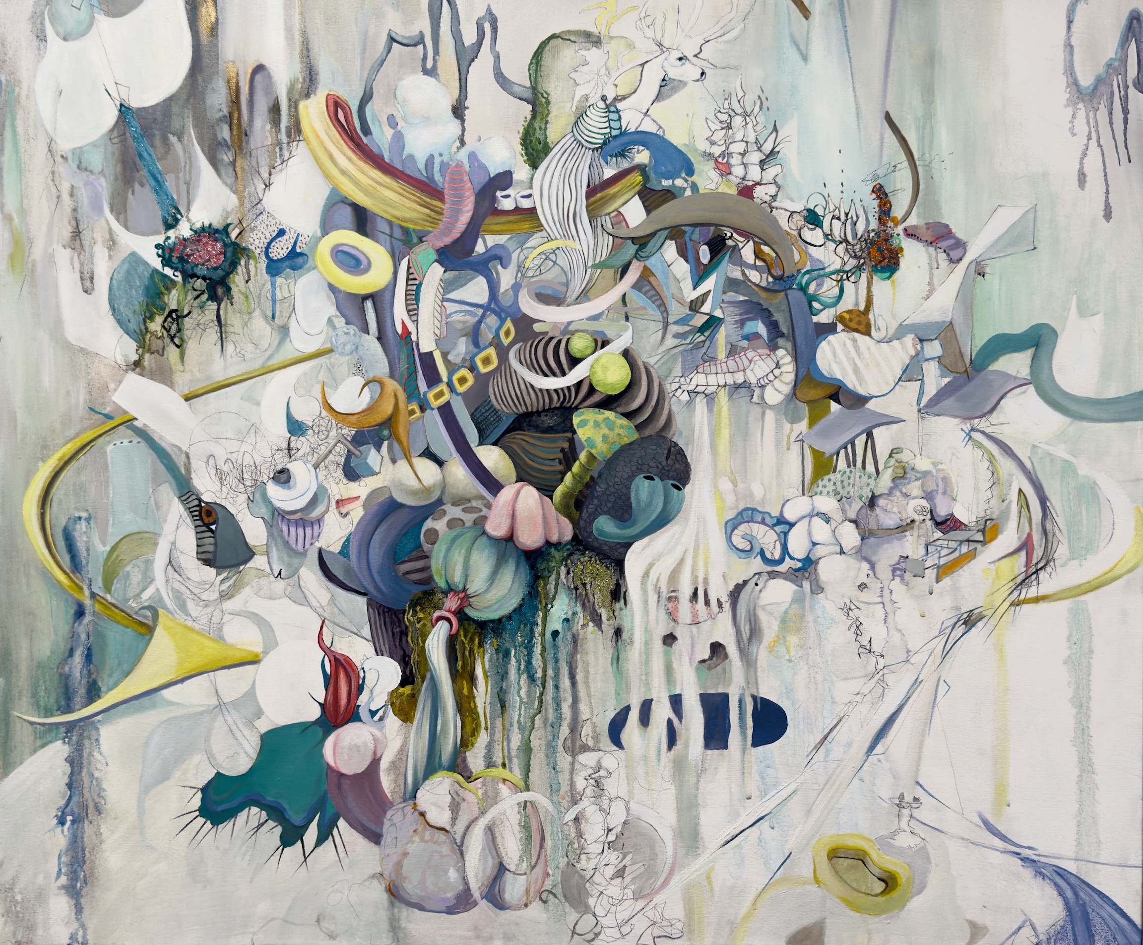 Jason Adkins' acrylic, oil, glitter and pencil on canvas piece "Secret Garden 1" represents a trio of drawings that Adkins views as "epic moments holding space for both conflict and quiet reprieve." The piece will displayed at M.K. Contemporary Art Gallery May 2 to June 29. (Contributed -- Jason Adkins)