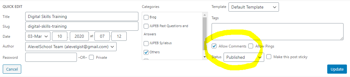 WordPress Quick Edit panel for a post. The panel displays fields for title, slug, date, author, categories, template, tags, and status. On the right side, the options ‘Allow Comments’ (checked) and ‘Allow Pings’ (unchecked) are highlighted in yellow, with the post status set to ‘Published.’