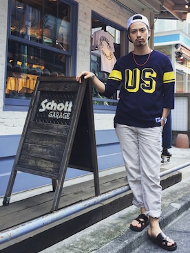 「schott(ショット)のアイテム(ネックレス)」を使った、yamazakiさん(メンズ・170cm)の夏コーディネート