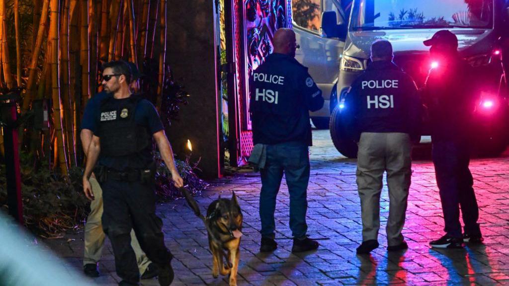 At least five agents belonging to Homeland Security Investigations stand on a brick driveway at night in Miami, lit up in blue and red by the lights of an SUV that appears to belong to law enforcement. One of the agents, who is leading a police dog, is wearing dark glasses.