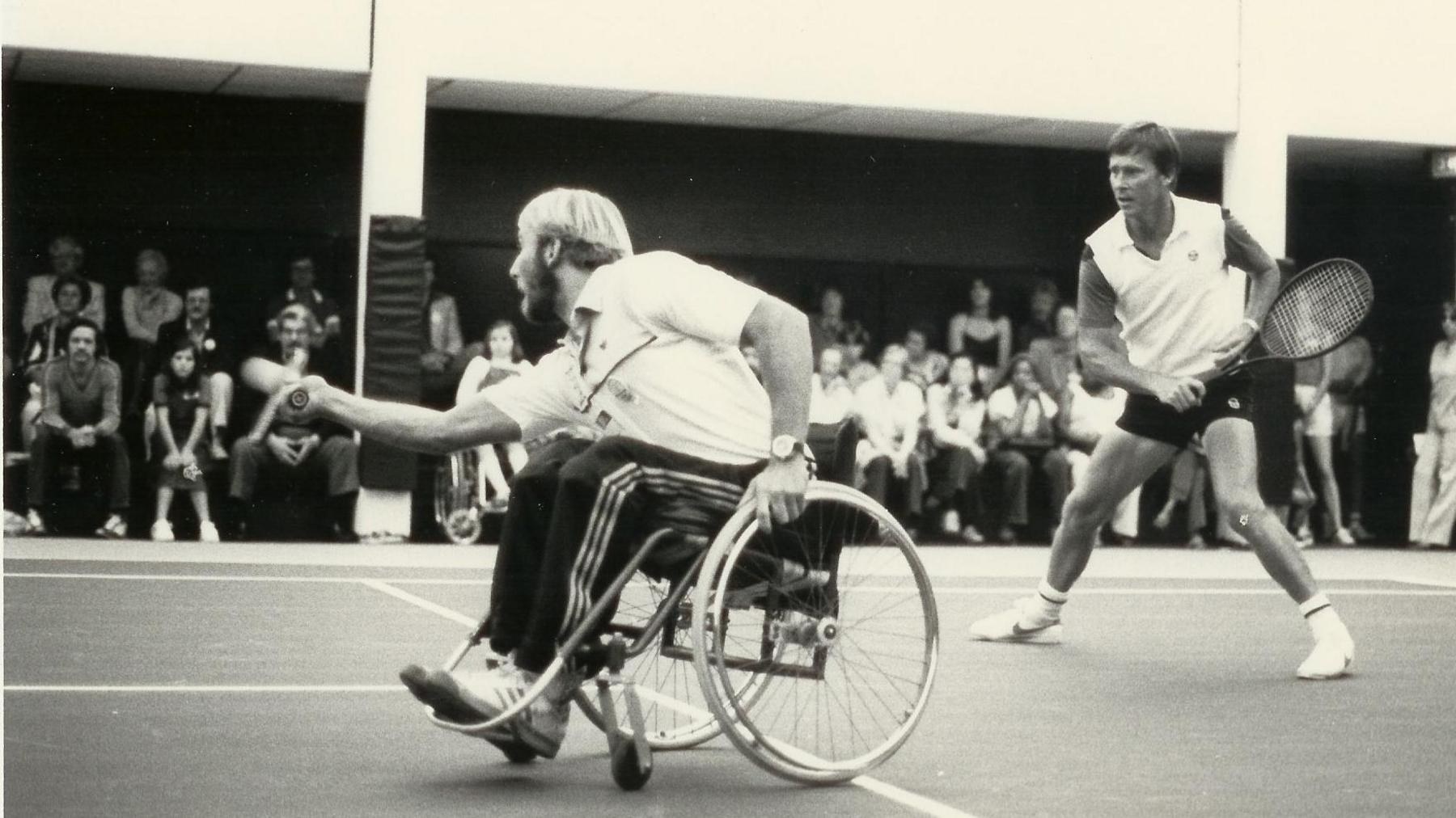 Brad Parks and Dennis Ralston team up for doubles in an exhibition event