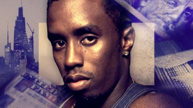 A composite image showing a portrait of Sean "Diddy" Combs, with a purple-toned background of the New York skyline, dollar bills and his recording studio mixing desk