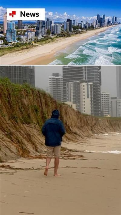 Before and after pictures show damage to beaches on the Gold Coast in Australia.