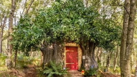 A treehouse with a red door in a forest.