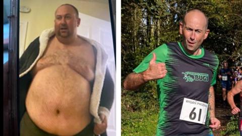 A before and after photo of Colin McCormick. The left photo shows Mr Cormick at 28 stone (117kg) and the right photo shows Mr Cormick at 13 stone (82kg)