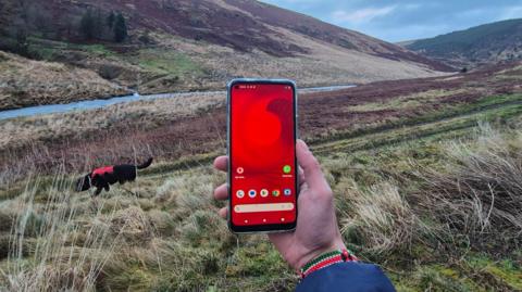 A man holds a mobile phone in the middle of a mountain in West Wales, tere is green space and blue sky, with a river and a dog. 