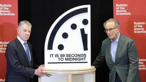 The Doomsday Clock is seen set at 89 seconds to midnight. Photo: 28 January 2025