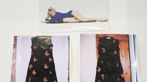 A picture of Brigitte Bardot on her side above two images of the black dress up for sale.