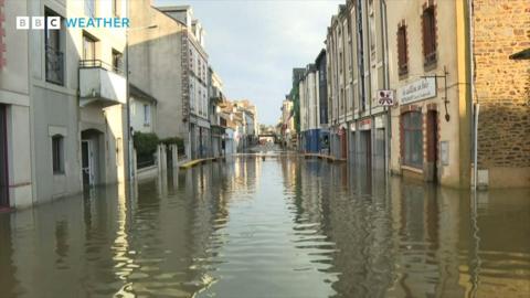 Flooded street in western France