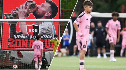 Split image of Thiago Messi in the number 10 pink shirt on a football pitch.