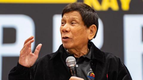 Former Philippine President Rodrigo Duterte gives a speech during a campaign rally at Southorn Stadium on March 09, 2025 in Hong Kong, China. 