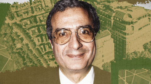 A photo of Ali Fayed with a sepia tone, taken several decades ago. He is smiling and wearing large tinted glasses.  Behind is a treated image in green of Park Lane which takes in some of the greenery of Hyde Park.