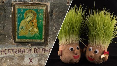 A split image of a shrine inside the St Andrew's Cave in Romania and two handmade dolls with smiling faces and tall green hair.