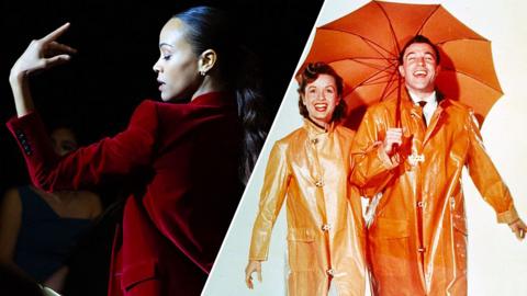 A split image of a woman wearing a red velvet blazer posing with her eyes shut, her back to the camera and her arm raised with her hand pointing upwards. The other image of a man and woman smiling while linking arms and wearing orange raincoats under an orange umbrella.