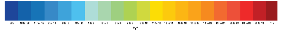 Key showing colour scale from dark blue at -22C up to dark red at 41C