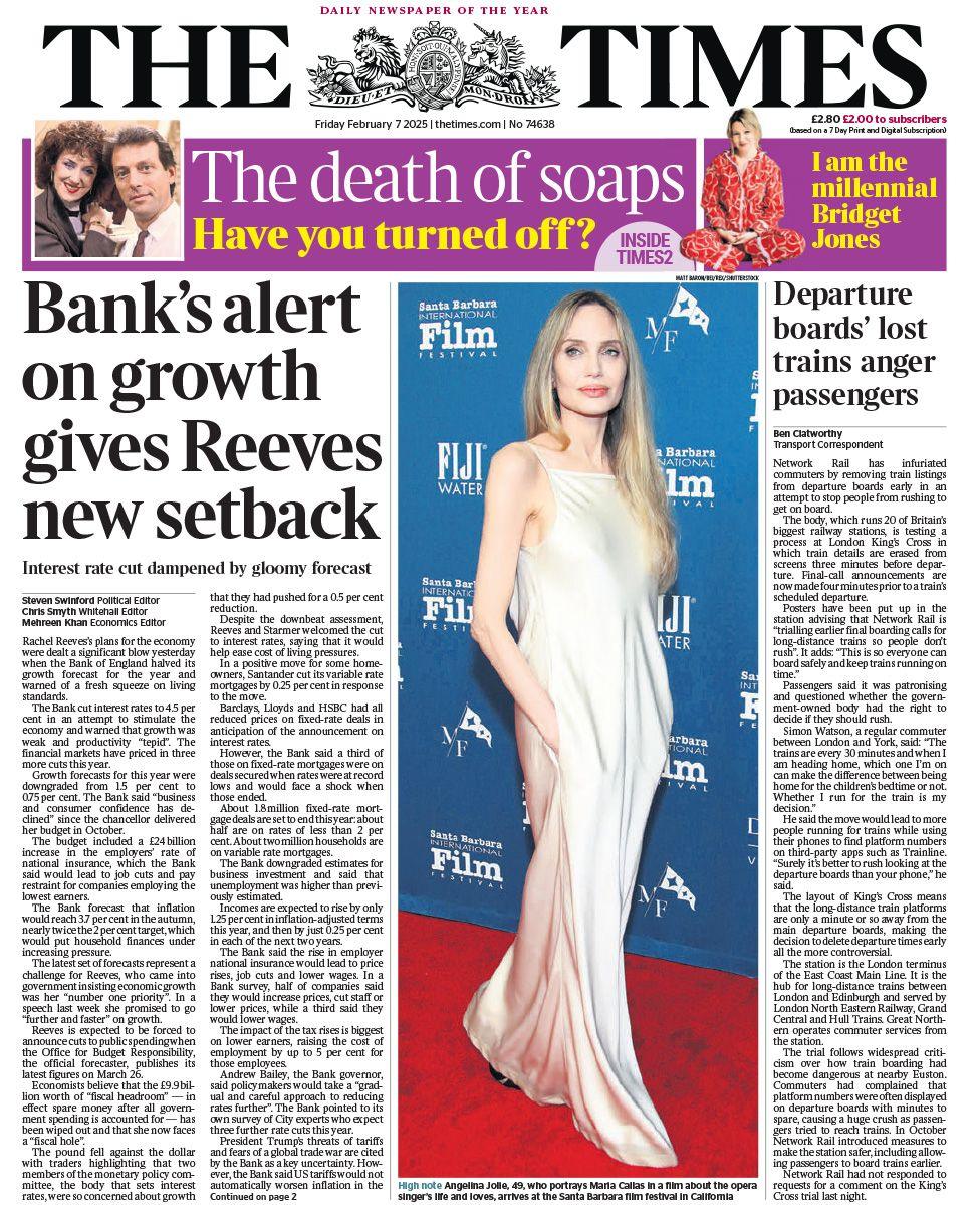 The Times front page with headline: Bank's alert on growth gives Reeves new setback