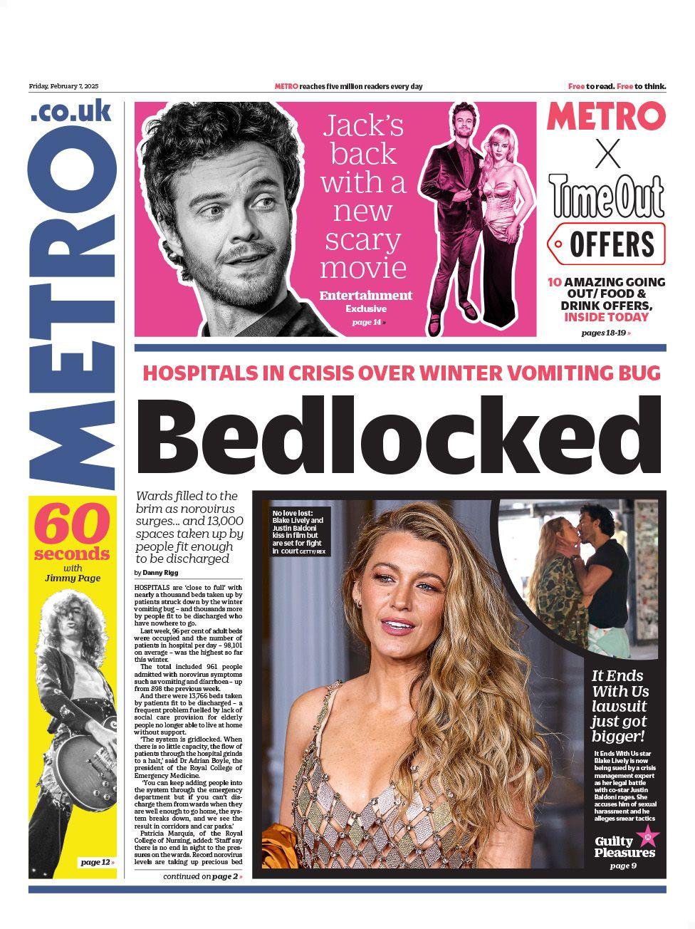 Metro front page with headline Bedlocked