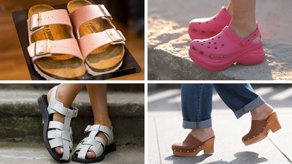 Split pic showing four different types of summer sandal: Birkenstocks, Crocs, fisherman's sandals and and wooden clogs
