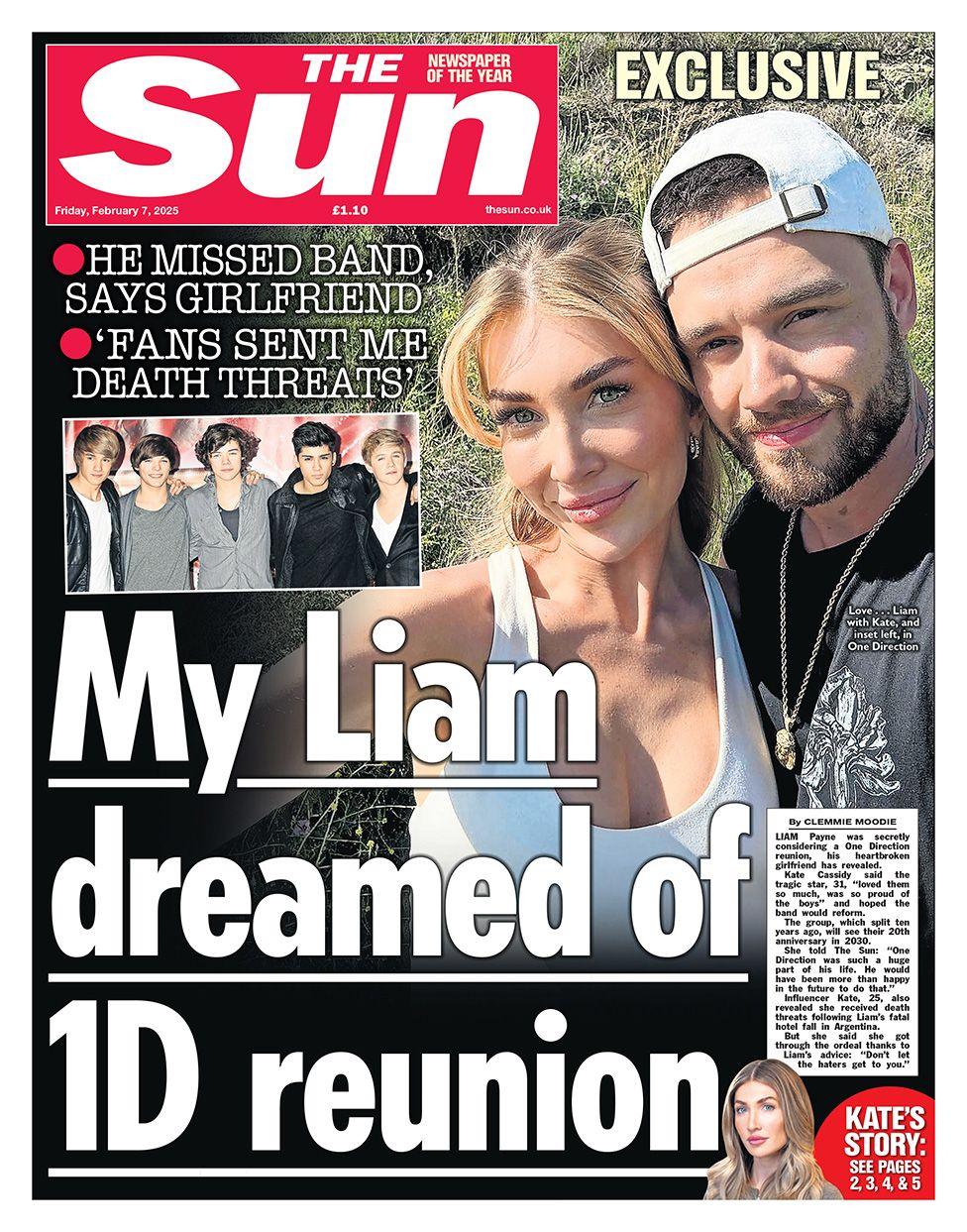 The Sun front page with the headline: My Liam dreamed of 1D reunion