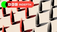 A treated image showing missiles coloured red and grey. They sit against a beige background.