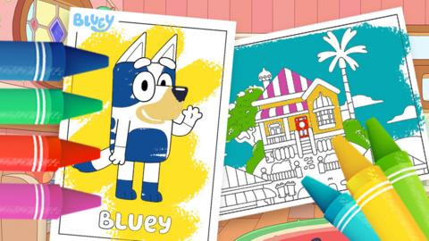 Colouring pens next to a half coloured in image of Bluey.