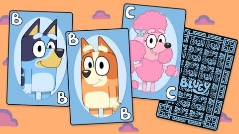 Bluey, Bingo and Coco, illustrations of dogs from Bluey, are playing cards.